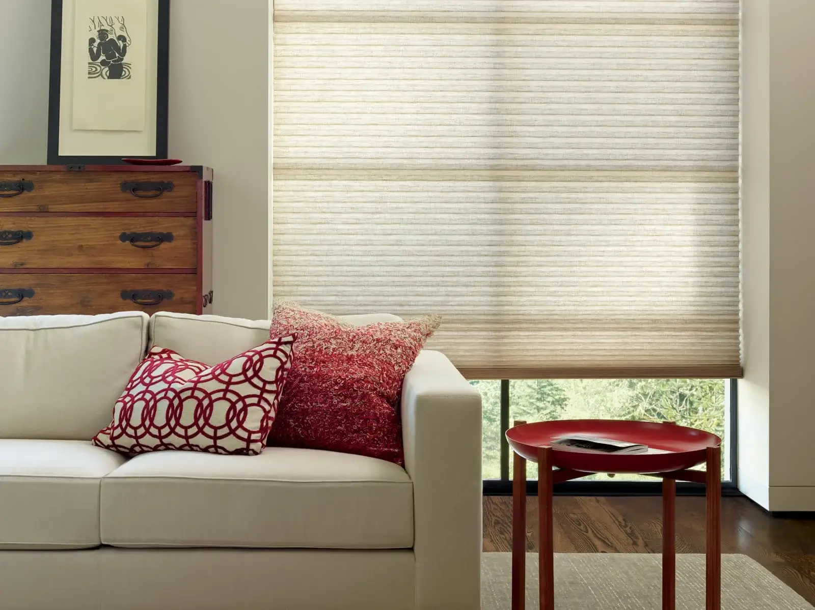 Allustra Duette Honeycomb Shades leela living room after